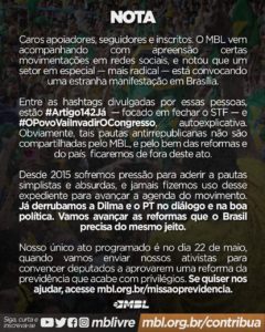 MBL se opõe a ‘movimento radical’ do dia 26