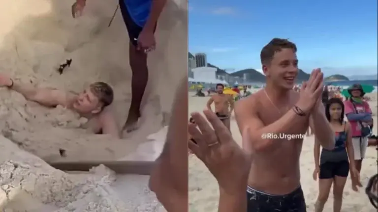 Turista britânico se desespera após ficar soterrado em Copacabana